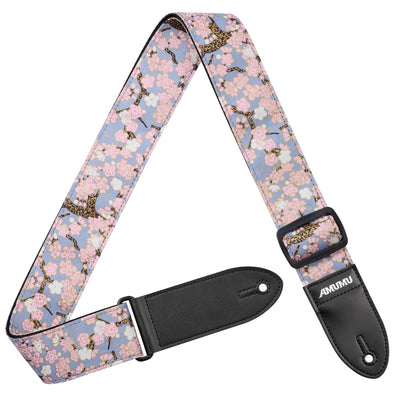 AMUMU Pink Floral Cotton Guitar Strap with Vegan Leather Ends | Cherry Blossom Japanese Print for Acoustic, Electric & Bass Guitars | Gift Set with Strap Blocks & Headstock Tie – 2" Wide -CV03P-PK-V